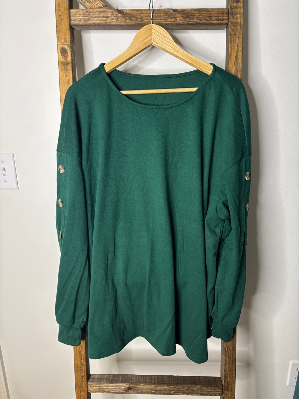 SHEIN Dark Green Crewneck Sweater with Button Sleeve Detail Size 1X